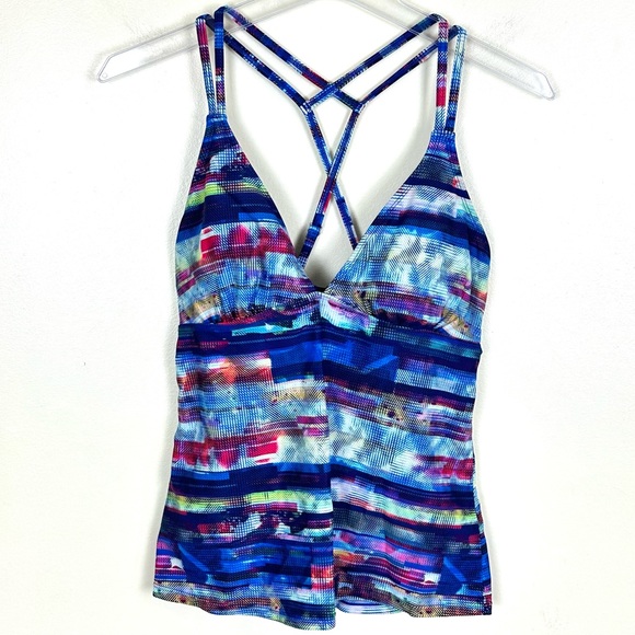 ATHLETHA Tankini Top Colorful Geometric Stripe Strappy Crossover Back, Size M - Picture 3 of 11